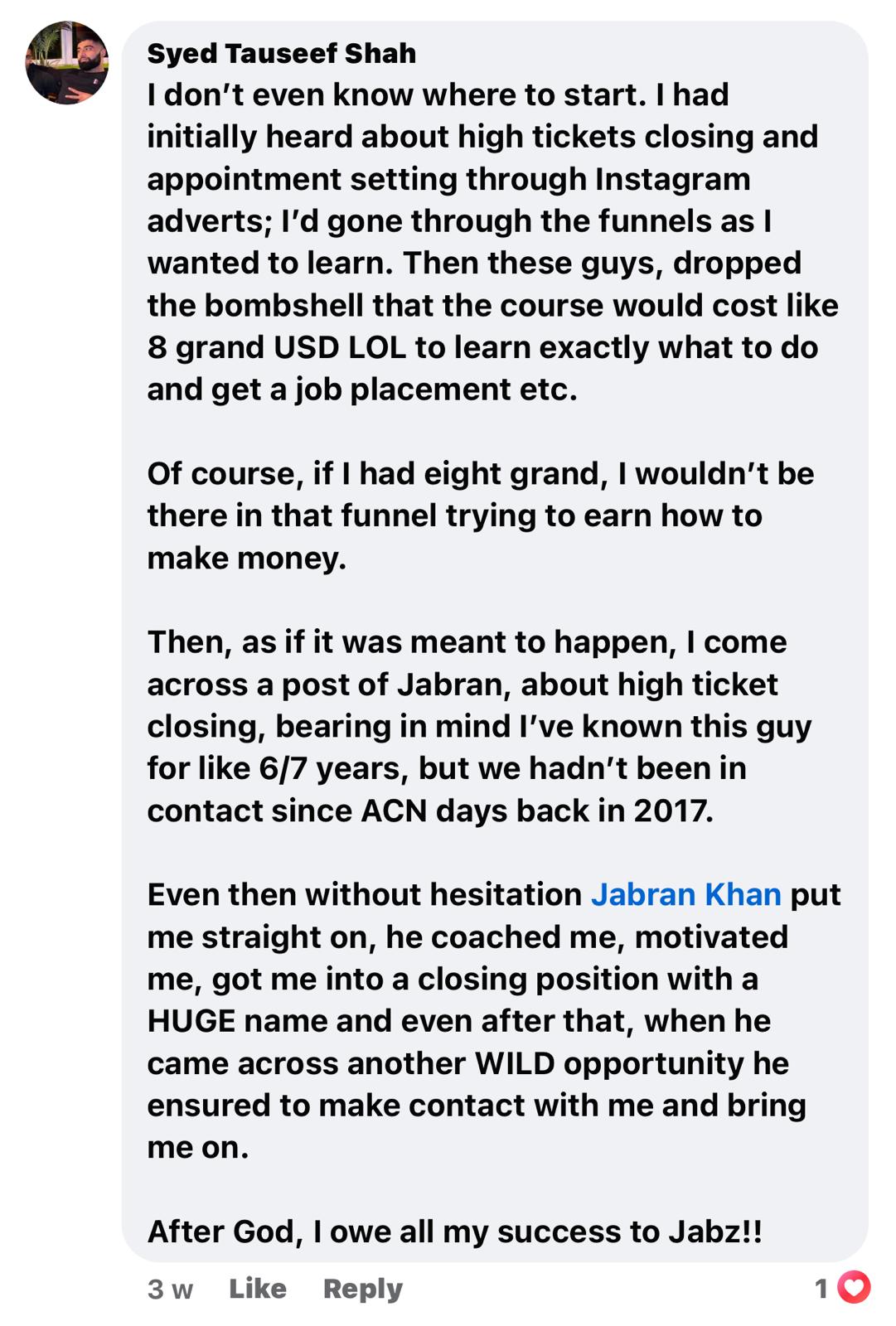 Testimonial from Syed Tauseef Shah