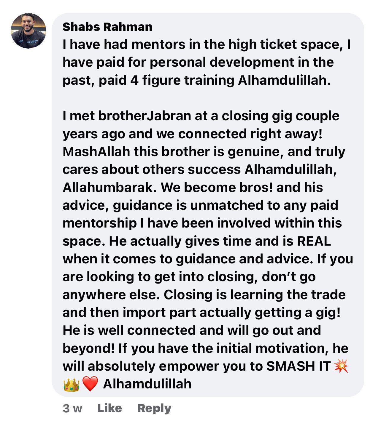 Testimonial from Shabs Rahman
