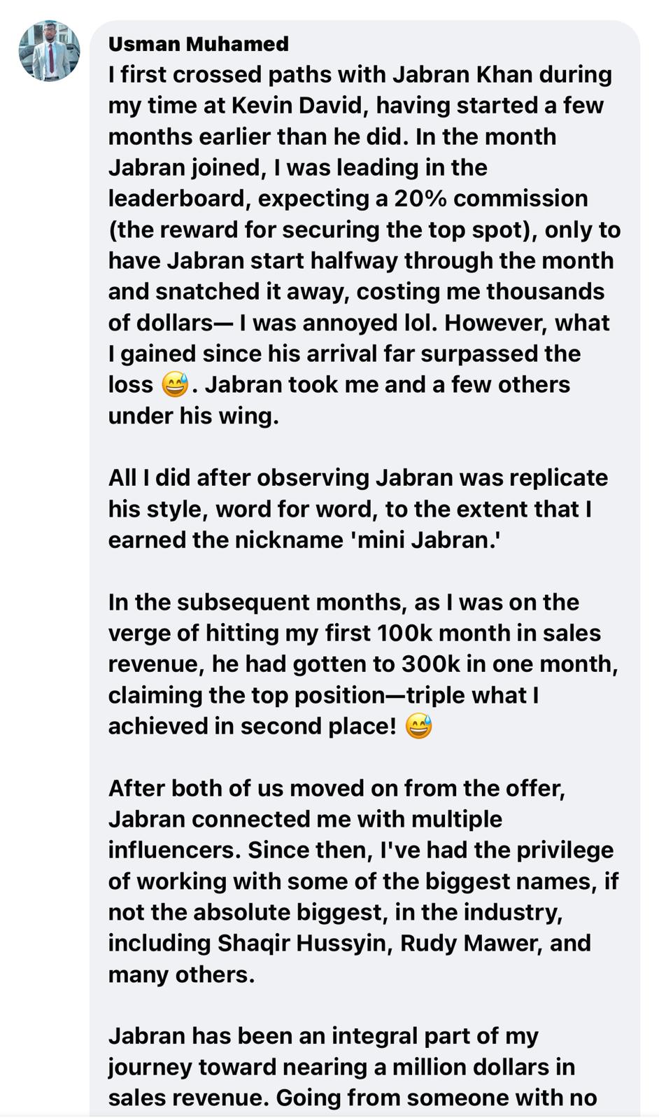 Testimonial from Usman Muhamed