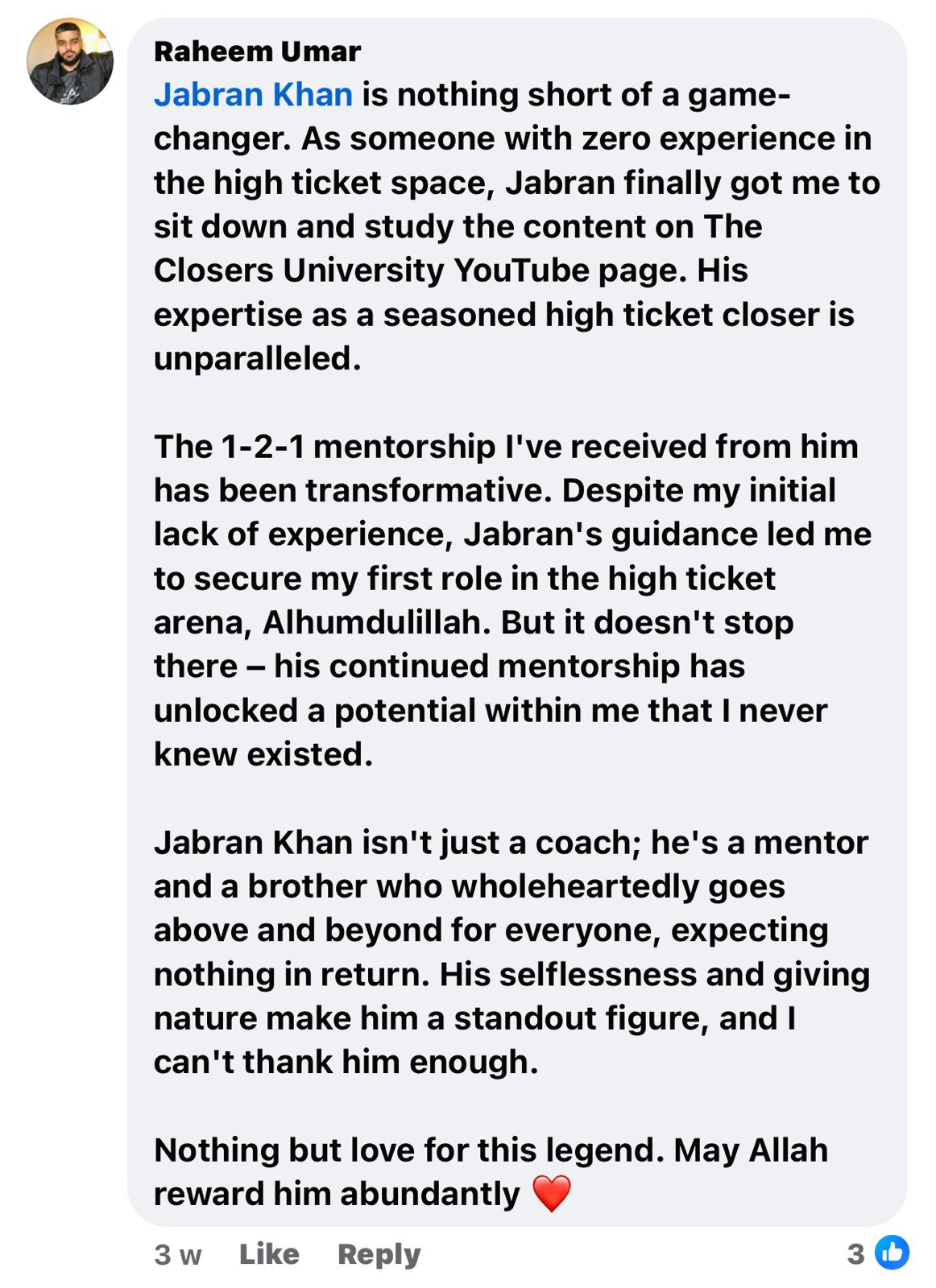Testimonial from Raheem Umar
